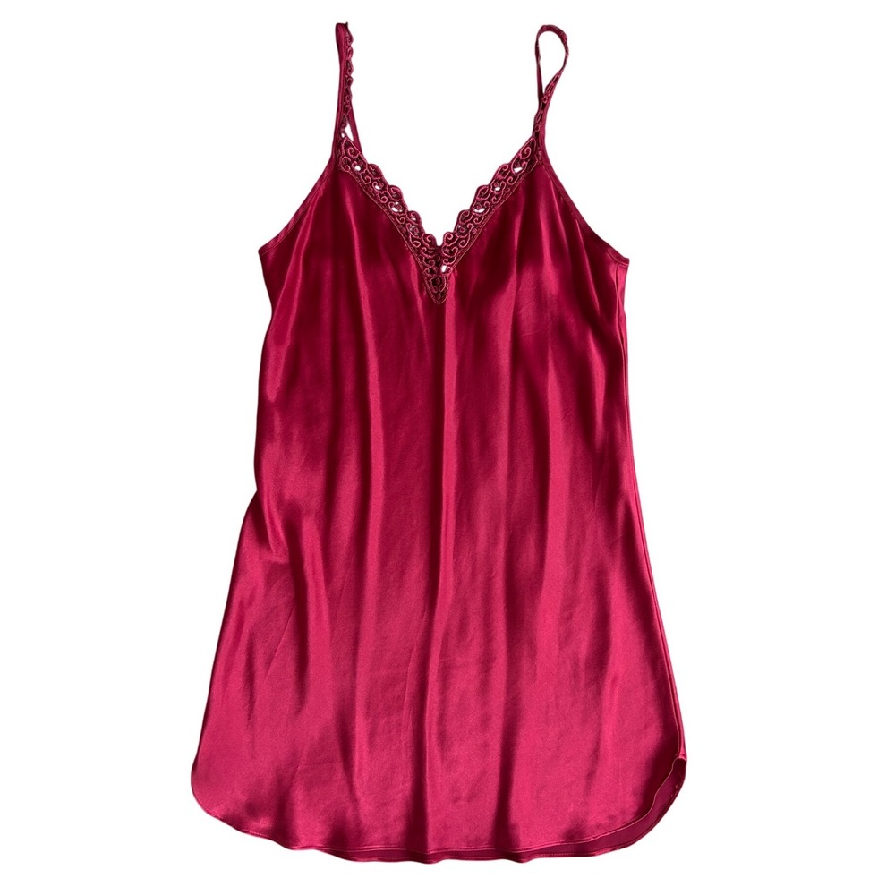 Vintage‎ 80s Burgundy Satin Lace Trim Slip babydoll Nightgown Chemise Dress - Picture 2 of 7